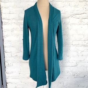 Cardigan sweater open front long blue green knit Small Bobeau